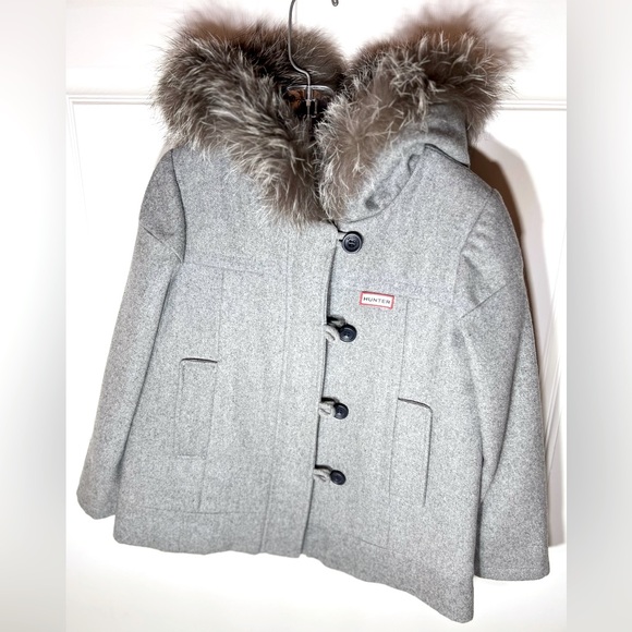 Hunter Gray wool hooded coat, fur trim hood Sz 4/5